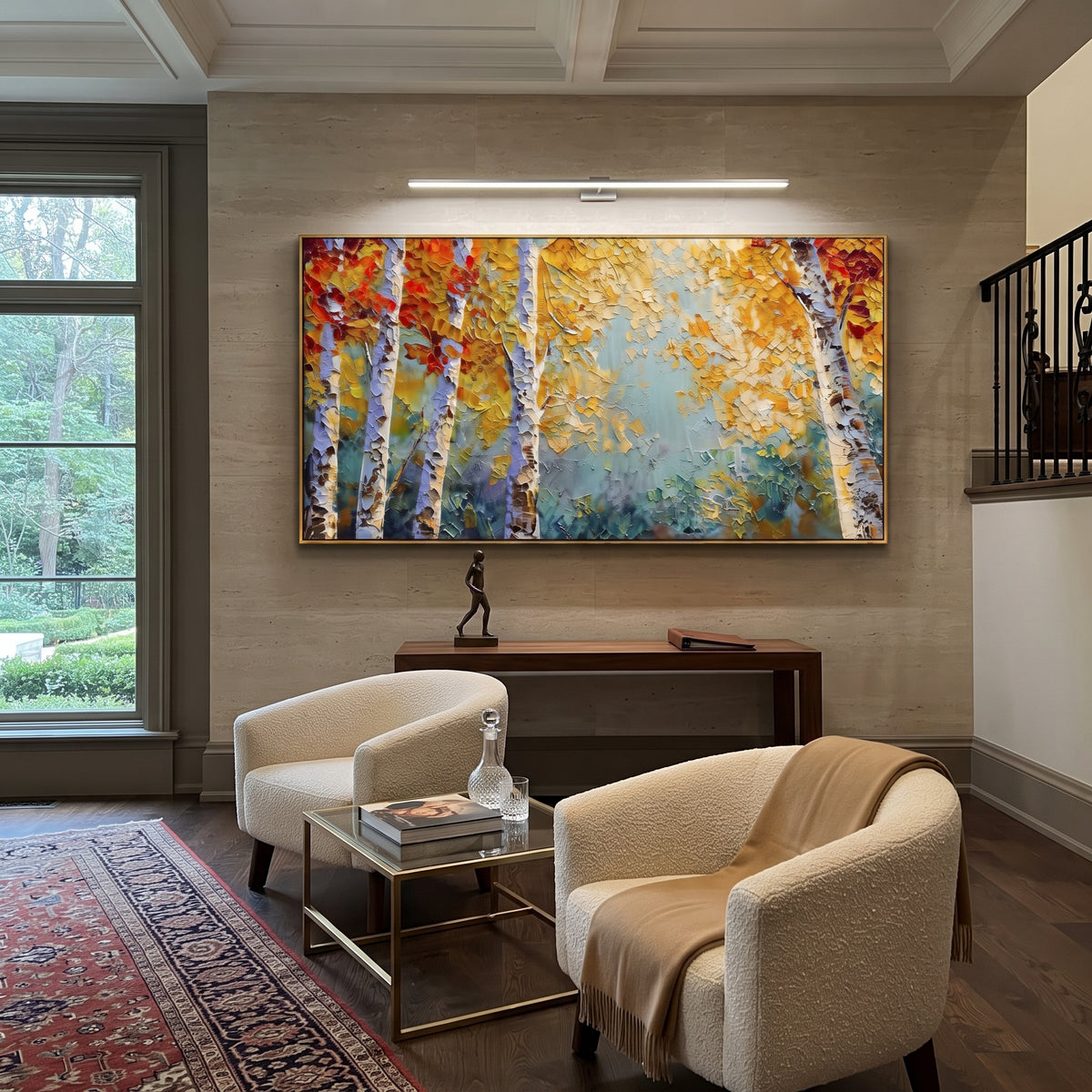 ARTWORK DETAILS Fresh Gold Birch Clearing Painting is built from the actual artwork image: gold leaves and white birch trunks around a pale clearing. The composition uses raised texture to separate tree trunks, leaf masses, ground movement, and soft background atmosphere, so the surface reads with real hand-painted depth from different viewing angles. The color direction is yellow, white, blue, chosen to keep the autumn mood warm while still leaving enough pale air and cool contrast for modern