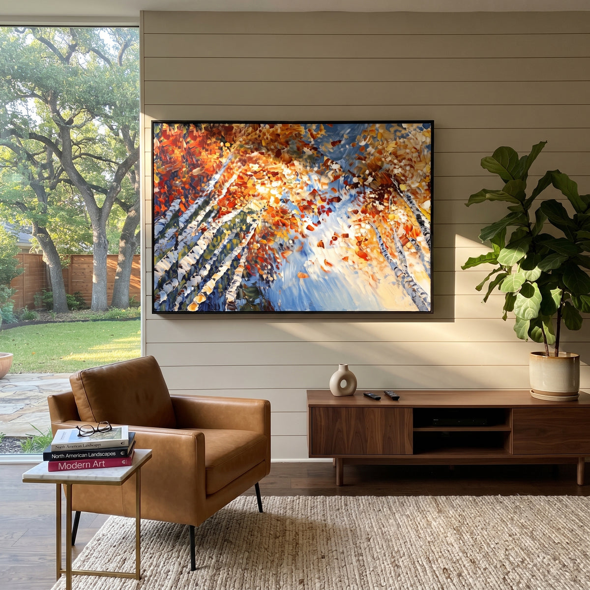 ARTWORK DETAILS Leaning Birch Sunburst Painting is built from the actual artwork image: diagonal birch trunks leaning toward a bright autumn sunburst. The composition uses raised texture to separate tree trunks, leaf masses, ground movement, and soft background atmosphere, so the surface reads with real hand-painted depth from different viewing angles. The color direction is orange, yellow, white, chosen to keep the autumn mood warm while still leaving enough pale air and cool contrast for