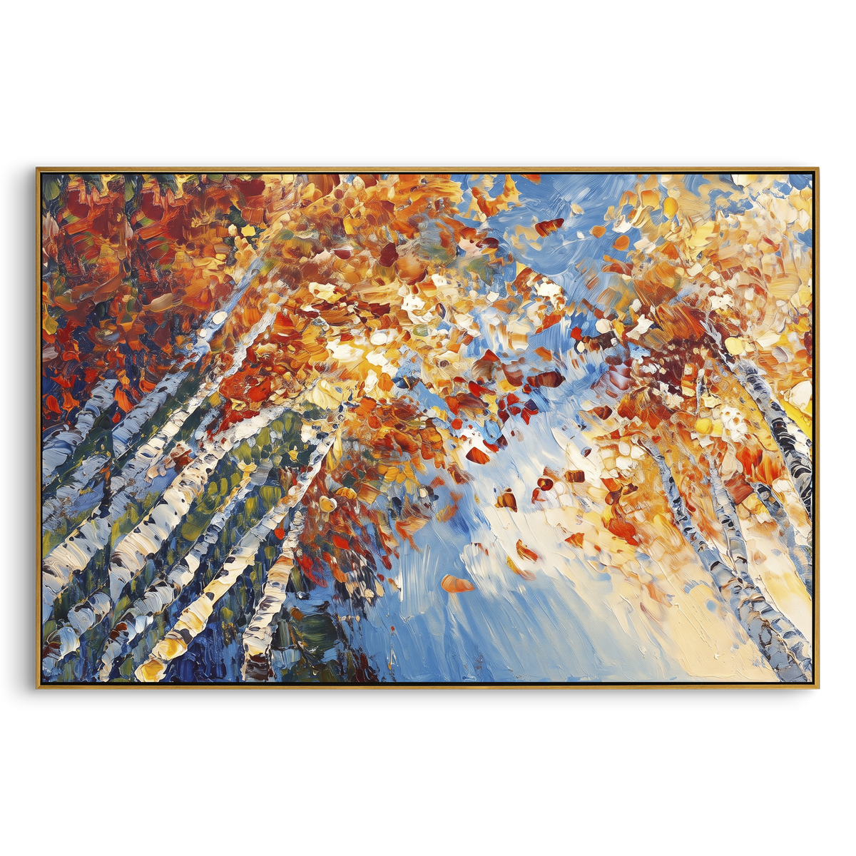 ARTWORK DETAILS Leaning Birch Sunburst Painting is built from the actual artwork image: diagonal birch trunks leaning toward a bright autumn sunburst. The composition uses raised texture to separate tree trunks, leaf masses, ground movement, and soft background atmosphere, so the surface reads with real hand-painted depth from different viewing angles. The color direction is orange, yellow, white, chosen to keep the autumn mood warm while still leaving enough pale air and cool contrast for