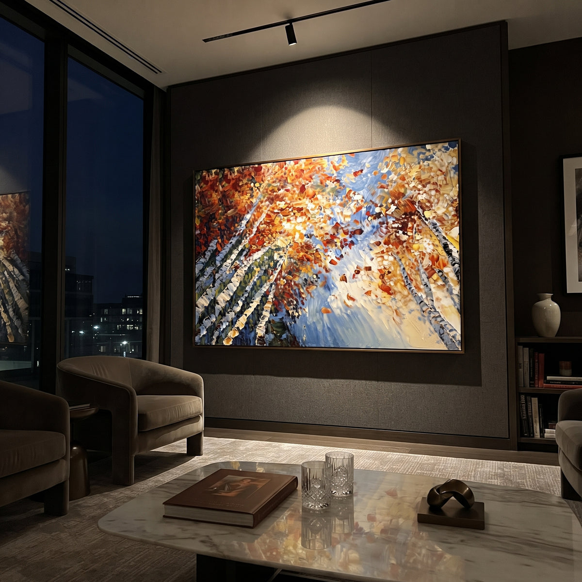 ARTWORK DETAILS Leaning Birch Sunburst Painting is built from the actual artwork image: diagonal birch trunks leaning toward a bright autumn sunburst. The composition uses raised texture to separate tree trunks, leaf masses, ground movement, and soft background atmosphere, so the surface reads with real hand-painted depth from different viewing angles. The color direction is orange, yellow, white, chosen to keep the autumn mood warm while still leaving enough pale air and cool contrast for