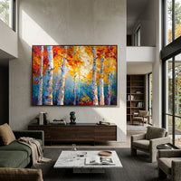 ARTWORK DETAILS Azure Red Birch Passage Painting is built from the actual artwork image: blue forest depth with red and gold birch foliage. The composition uses raised texture to separate tree trunks, leaf masses, ground movement, and soft background atmosphere, so the surface reads with real hand-painted depth from different viewing angles. The color direction is red, yellow, blue, chosen to keep the autumn mood warm while still leaving enough pale air and cool contrast for modern interiors.