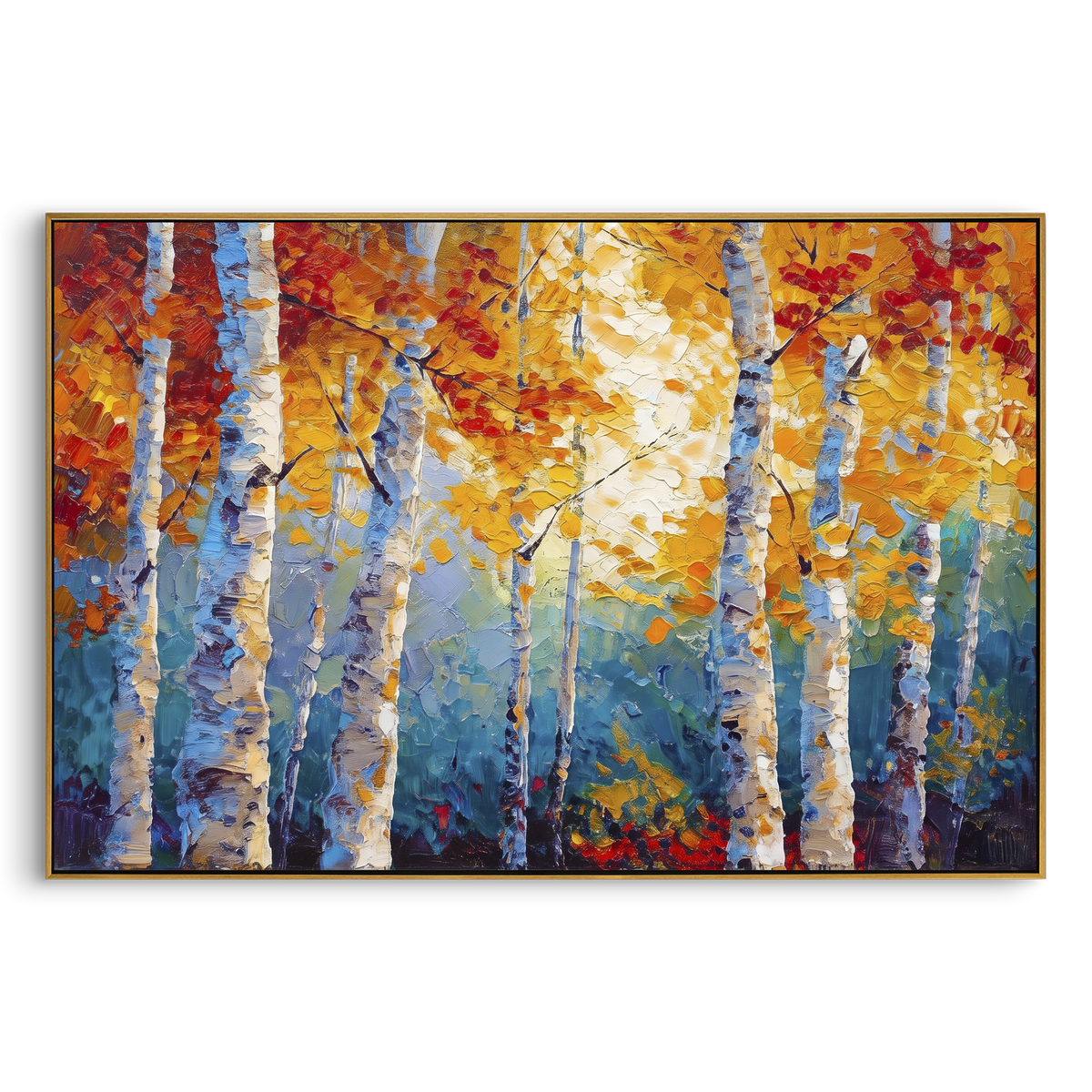 ARTWORK DETAILS Azure Red Birch Passage Painting is built from the actual artwork image: blue forest depth with red and gold birch foliage. The composition uses raised texture to separate tree trunks, leaf masses, ground movement, and soft background atmosphere, so the surface reads with real hand-painted depth from different viewing angles. The color direction is red, yellow, blue, chosen to keep the autumn mood warm while still leaving enough pale air and cool contrast for modern interiors.