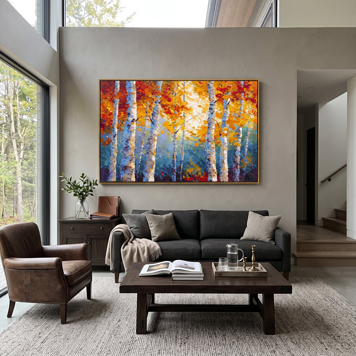 ARTWORK DETAILS Azure Red Birch Passage Painting is built from the actual artwork image: blue forest depth with red and gold birch foliage. The composition uses raised texture to separate tree trunks, leaf masses, ground movement, and soft background atmosphere, so the surface reads with real hand-painted depth from different viewing angles. The color direction is red, yellow, blue, chosen to keep the autumn mood warm while still leaving enough pale air and cool contrast for modern interiors.