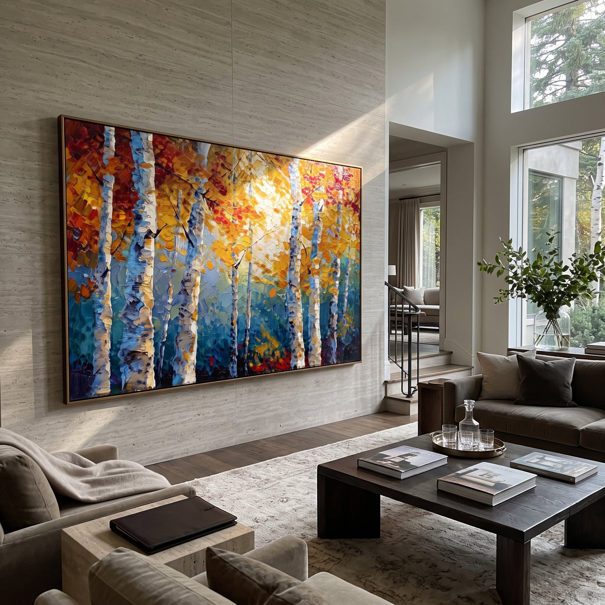 ARTWORK DETAILS Azure Red Birch Passage Painting is built from the actual artwork image: blue forest depth with red and gold birch foliage. The composition uses raised texture to separate tree trunks, leaf masses, ground movement, and soft background atmosphere, so the surface reads with real hand-painted depth from different viewing angles. The color direction is red, yellow, blue, chosen to keep the autumn mood warm while still leaving enough pale air and cool contrast for modern interiors.