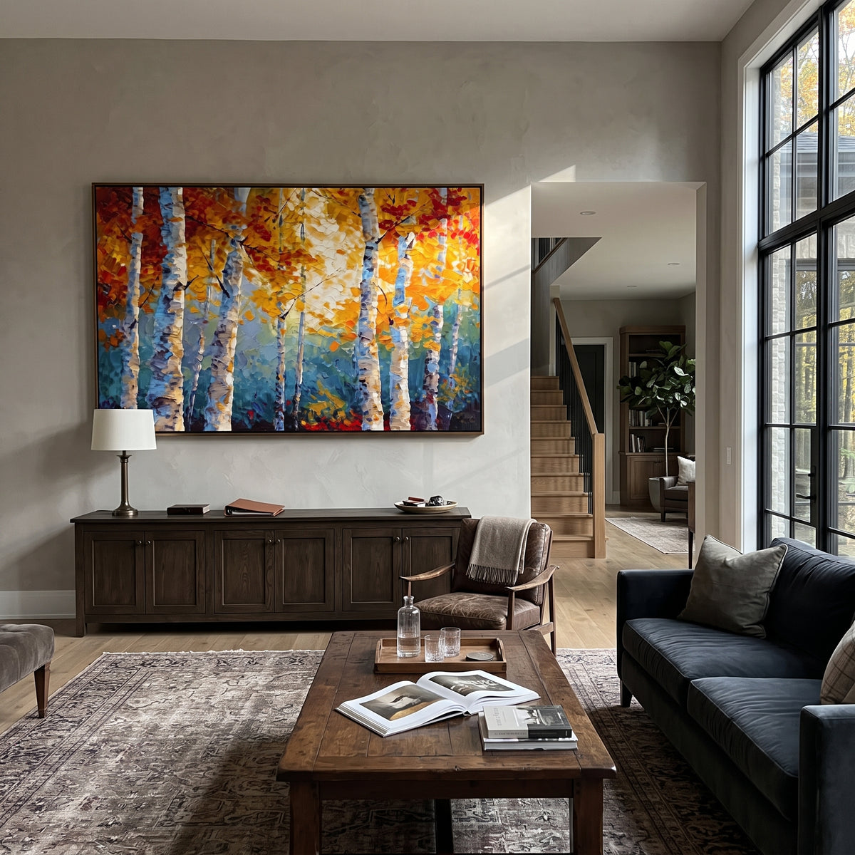 ARTWORK DETAILS Azure Red Birch Passage Painting is built from the actual artwork image: blue forest depth with red and gold birch foliage. The composition uses raised texture to separate tree trunks, leaf masses, ground movement, and soft background atmosphere, so the surface reads with real hand-painted depth from different viewing angles. The color direction is red, yellow, blue, chosen to keep the autumn mood warm while still leaving enough pale air and cool contrast for modern interiors.