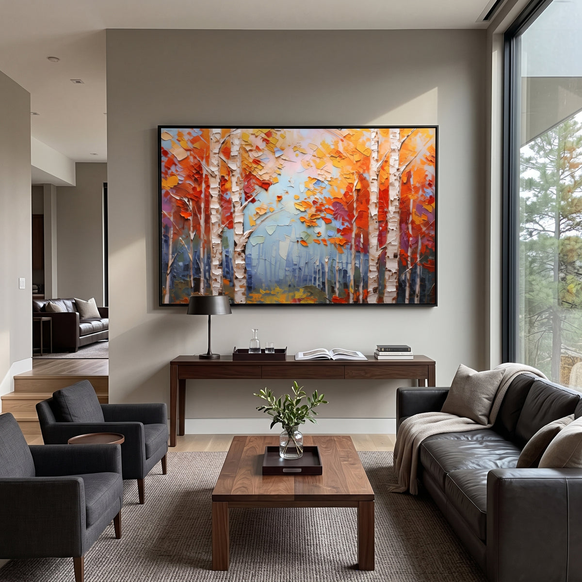 ARTWORK DETAILS Red Orange Birch Stand Painting is built from the actual artwork image: bold orange red canopy over white birch trunks and blue haze. The composition uses raised texture to separate tree trunks, leaf masses, ground movement, and soft background atmosphere, so the surface reads with real hand-painted depth from different viewing angles. The color direction is red, orange, white, chosen to keep the autumn mood warm while still leaving enough pale air and cool contrast for modern