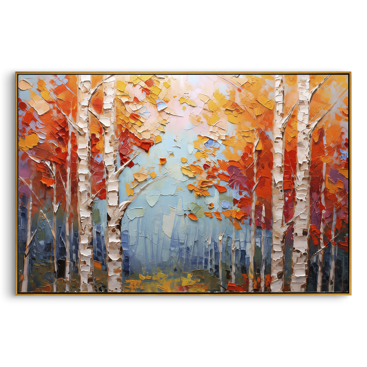 ARTWORK DETAILS Red Orange Birch Stand Painting is built from the actual artwork image: bold orange red canopy over white birch trunks and blue haze. The composition uses raised texture to separate tree trunks, leaf masses, ground movement, and soft background atmosphere, so the surface reads with real hand-painted depth from different viewing angles. The color direction is red, orange, white, chosen to keep the autumn mood warm while still leaving enough pale air and cool contrast for modern