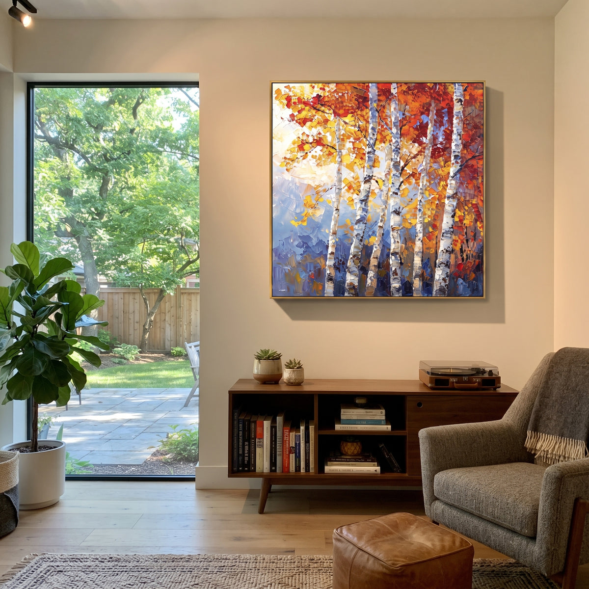 ARTWORK DETAILS Mountain Birch Flame Painting is built from the actual artwork image: upright birch trunks with fiery red gold leaves and mountain blue. The composition uses raised texture to separate tree trunks, leaf masses, ground movement, and soft background atmosphere, so the surface reads with real hand-painted depth from different viewing angles. The color direction is red, yellow, blue, chosen to keep the autumn mood warm while still leaving enough pale air and cool contrast for modern