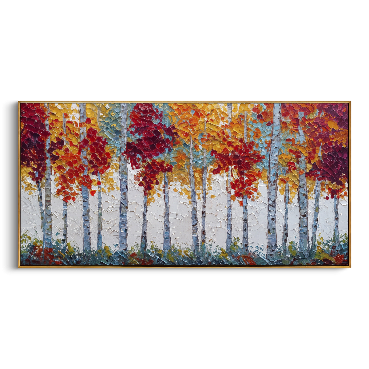 ARTWORK DETAILS Crimson Top Birch Forest Painting is built from the actual artwork image: white birch trunks topped by crimson autumn crowns. The composition uses raised texture to separate tree trunks, leaf masses, ground movement, and soft background atmosphere, so the surface reads with real hand-painted depth from different viewing angles. The color direction is red, white, blue, chosen to keep the autumn mood warm while still leaving enough pale air and cool contrast for modern interiors.