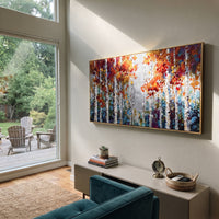 ARTWORK DETAILS Confetti Birch Grove Painting is built from the actual artwork image: small red yellow leaf marks scattered through white birches. The composition uses raised texture to separate tree trunks, leaf masses, ground movement, and soft background atmosphere, so the surface reads with real hand-painted depth from different viewing angles. The color direction is red, yellow, white, chosen to keep the autumn mood warm while still leaving enough pale air and cool contrast for modern