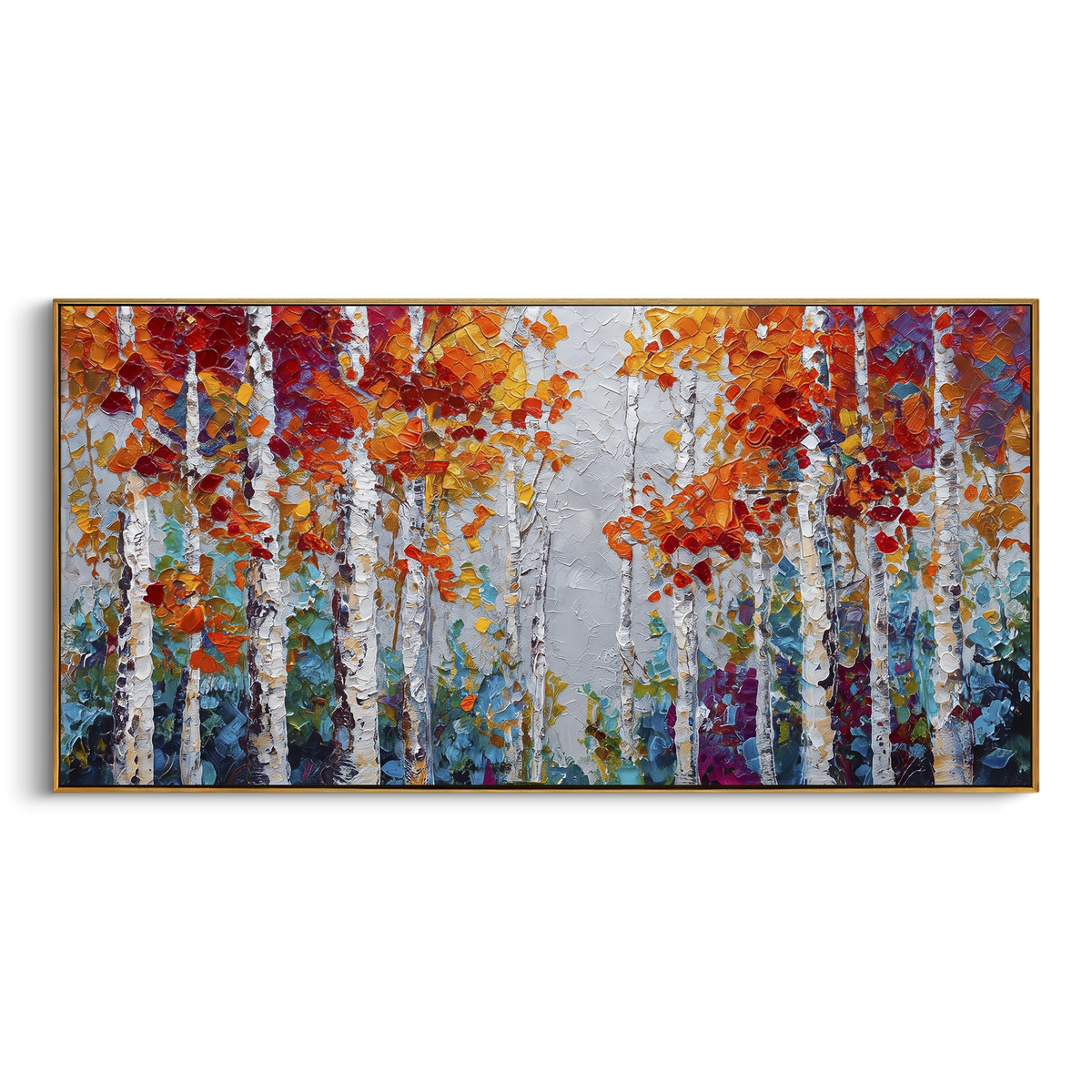 ARTWORK DETAILS Confetti Birch Grove Painting is built from the actual artwork image: small red yellow leaf marks scattered through white birches. The composition uses raised texture to separate tree trunks, leaf masses, ground movement, and soft background atmosphere, so the surface reads with real hand-painted depth from different viewing angles. The color direction is red, yellow, white, chosen to keep the autumn mood warm while still leaving enough pale air and cool contrast for modern