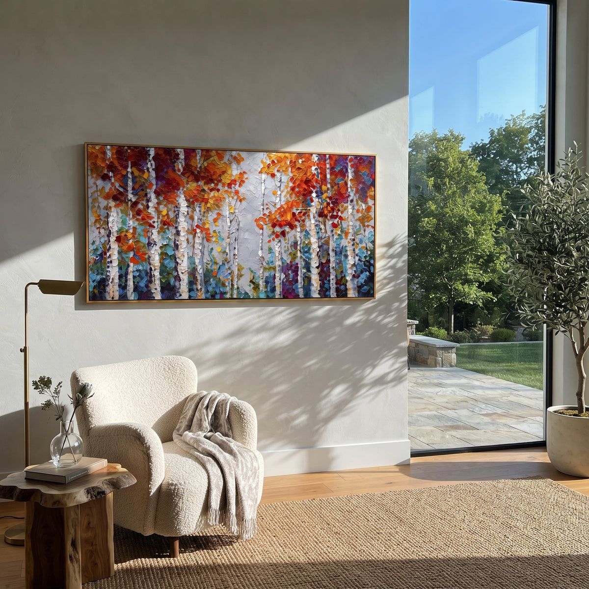 ARTWORK DETAILS Confetti Birch Grove Painting is built from the actual artwork image: small red yellow leaf marks scattered through white birches. The composition uses raised texture to separate tree trunks, leaf masses, ground movement, and soft background atmosphere, so the surface reads with real hand-painted depth from different viewing angles. The color direction is red, yellow, white, chosen to keep the autumn mood warm while still leaving enough pale air and cool contrast for modern