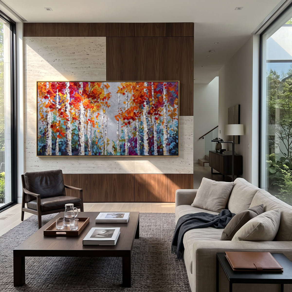 ARTWORK DETAILS Confetti Birch Grove Painting is built from the actual artwork image: small red yellow leaf marks scattered through white birches. The composition uses raised texture to separate tree trunks, leaf masses, ground movement, and soft background atmosphere, so the surface reads with real hand-painted depth from different viewing angles. The color direction is red, yellow, white, chosen to keep the autumn mood warm while still leaving enough pale air and cool contrast for modern