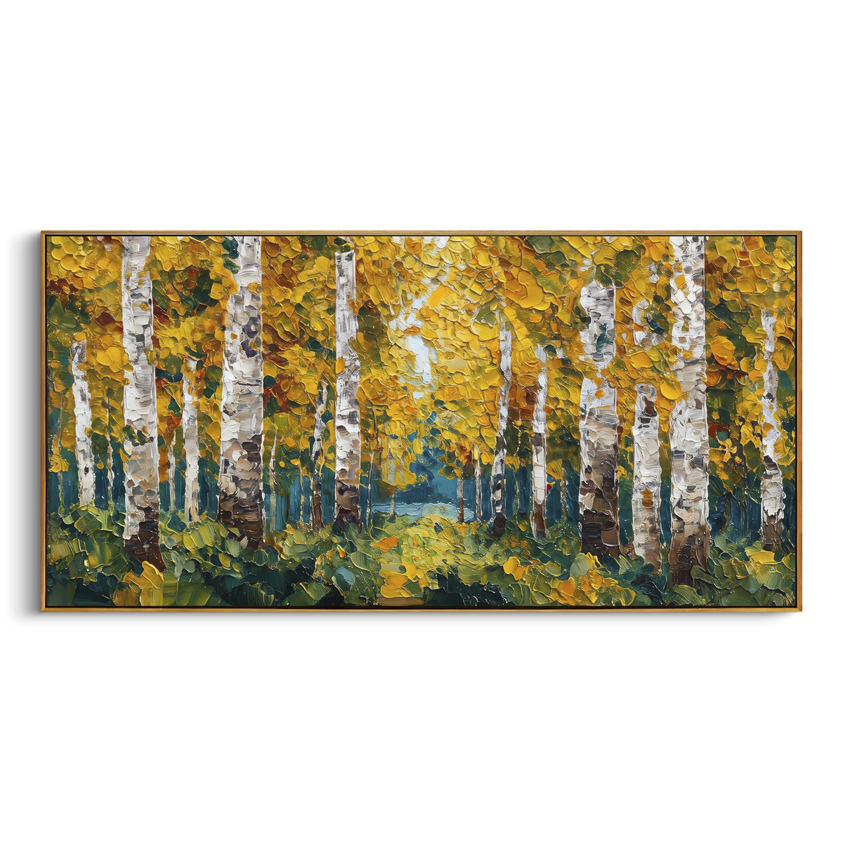 ARTWORK DETAILS Moss Gold Birch Woods Painting is built from the actual artwork image: green mossy ground beneath gold birch foliage. The composition uses raised texture to separate tree trunks, leaf masses, ground movement, and soft background atmosphere, so the surface reads with real hand-painted depth from different viewing angles. The color direction is green, yellow, white, chosen to keep the autumn mood warm while still leaving enough pale air and cool contrast for modern interiors. Core