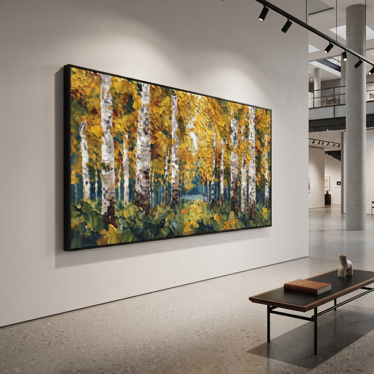 ARTWORK DETAILS Moss Gold Birch Woods Painting is built from the actual artwork image: green mossy ground beneath gold birch foliage. The composition uses raised texture to separate tree trunks, leaf masses, ground movement, and soft background atmosphere, so the surface reads with real hand-painted depth from different viewing angles. The color direction is green, yellow, white, chosen to keep the autumn mood warm while still leaving enough pale air and cool contrast for modern interiors. Core