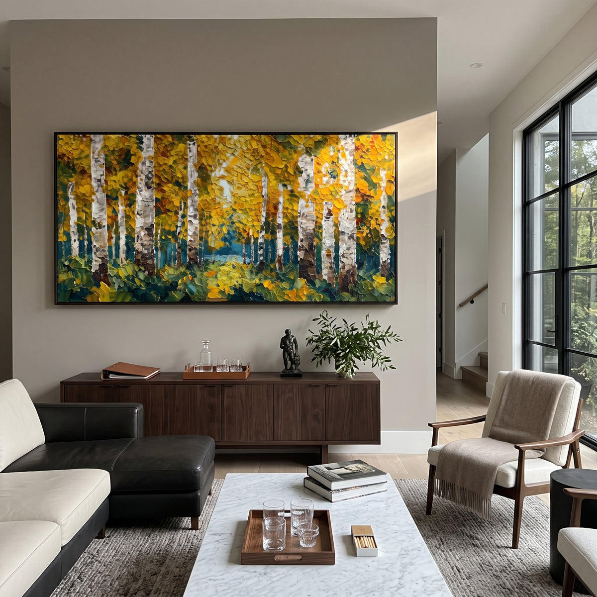 ARTWORK DETAILS Moss Gold Birch Woods Painting is built from the actual artwork image: green mossy ground beneath gold birch foliage. The composition uses raised texture to separate tree trunks, leaf masses, ground movement, and soft background atmosphere, so the surface reads with real hand-painted depth from different viewing angles. The color direction is green, yellow, white, chosen to keep the autumn mood warm while still leaving enough pale air and cool contrast for modern interiors. Core