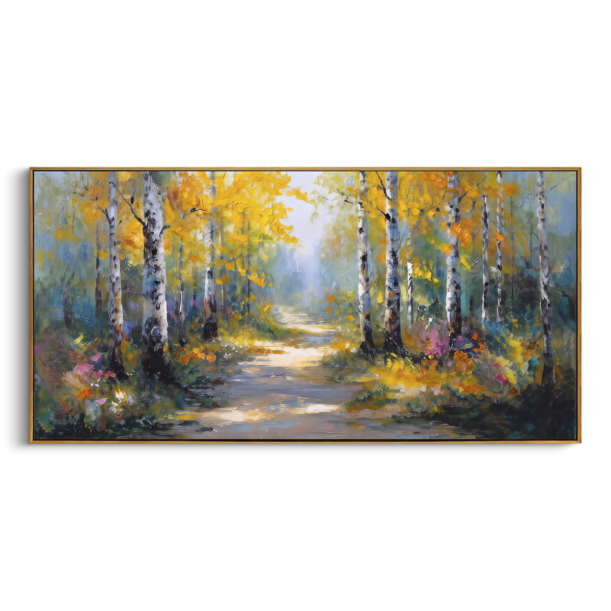 "Autumn Woodland Road" - Modern Heavy Impasto Landscape Artwork | Yellow & Green Palette Knife Painting | Luxury Horizontal Wall Art #PT 2205