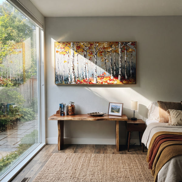 "Snowy Birch Red Floor" - Modern Heavy Impasto Botanical Tree Artwork | White & Red Palette Knife Painting | Luxury Horizontal Wall Art #PT 2207