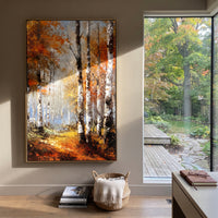ARTWORK DETAILS Foggy Autumn Woodland Painting is built from the actual artwork image: soft vertical woodland in fog with rust orange foliage. The composition uses raised texture to separate tree trunks, leaf masses, ground movement, and soft background atmosphere, so the surface reads with real hand-painted depth from different viewing angles. The color direction is orange, gray, brown, chosen to keep the autumn mood warm while still leaving enough pale air and cool contrast for modern