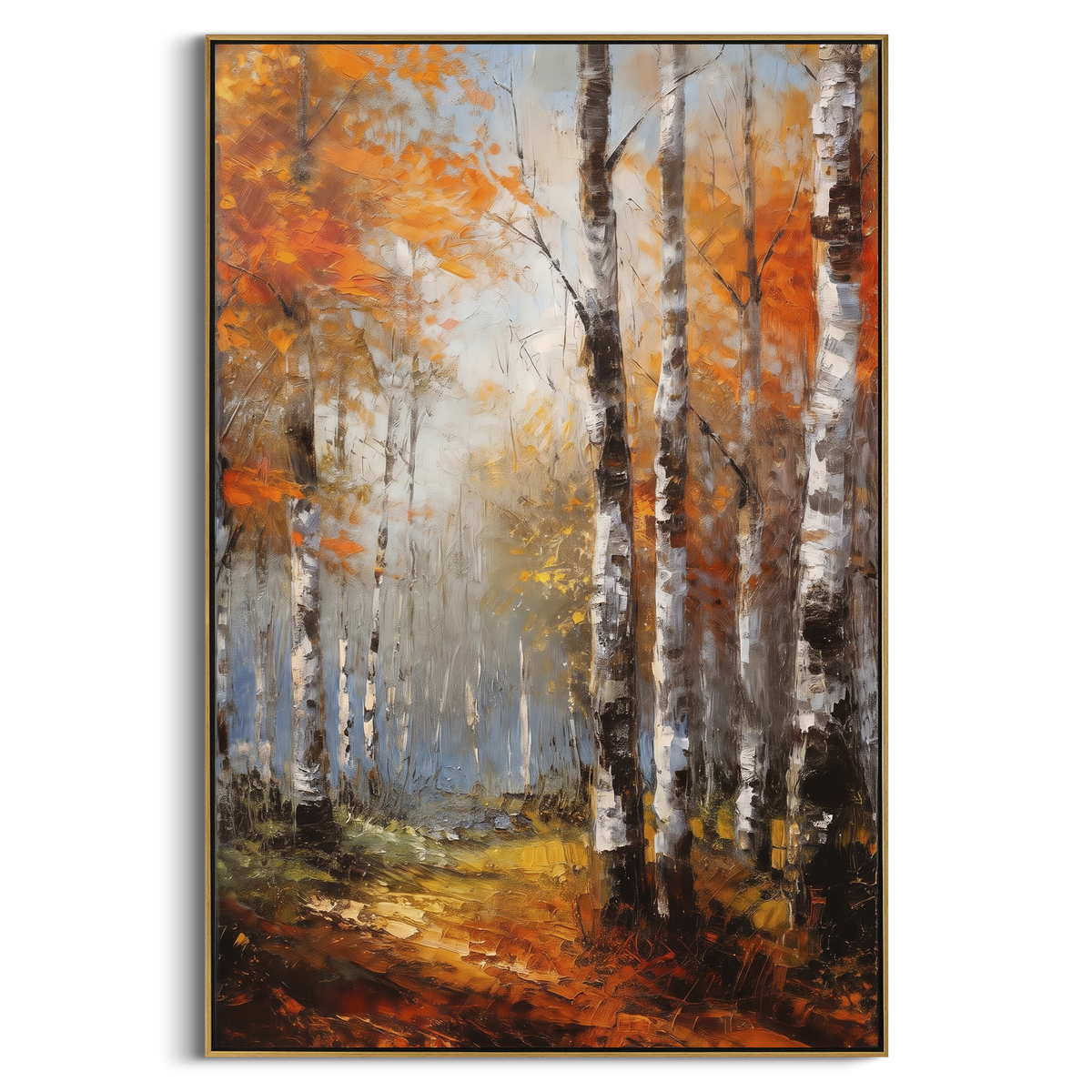"Foggy Autumn Woodland" - Modern Heavy Impasto Landscape Artwork | Orange & Gray Palette Knife Painting | Luxury Vertical Wall Art #PT 2209