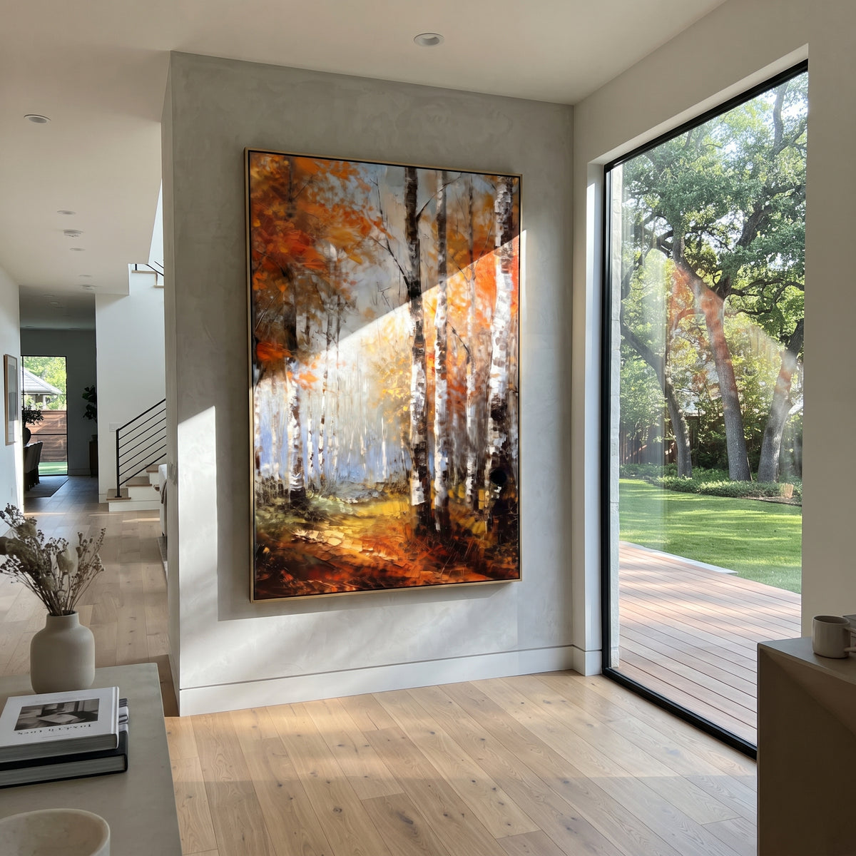 ARTWORK DETAILS Foggy Autumn Woodland Painting is built from the actual artwork image: soft vertical woodland in fog with rust orange foliage. The composition uses raised texture to separate tree trunks, leaf masses, ground movement, and soft background atmosphere, so the surface reads with real hand-painted depth from different viewing angles. The color direction is orange, gray, brown, chosen to keep the autumn mood warm while still leaving enough pale air and cool contrast for modern