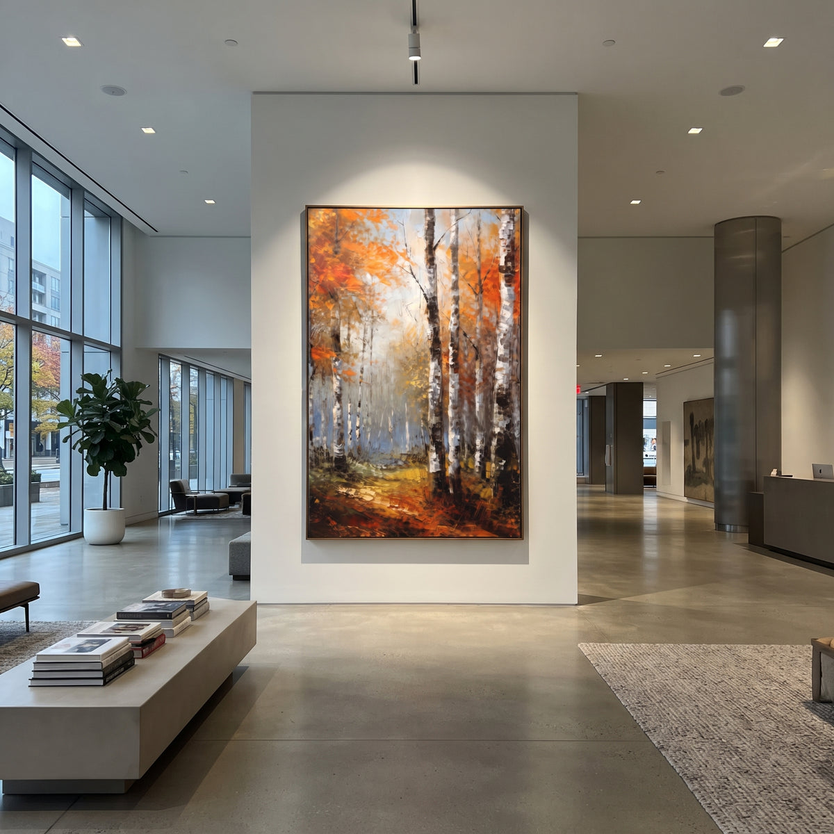 ARTWORK DETAILS Foggy Autumn Woodland Painting is built from the actual artwork image: soft vertical woodland in fog with rust orange foliage. The composition uses raised texture to separate tree trunks, leaf masses, ground movement, and soft background atmosphere, so the surface reads with real hand-painted depth from different viewing angles. The color direction is orange, gray, brown, chosen to keep the autumn mood warm while still leaving enough pale air and cool contrast for modern
