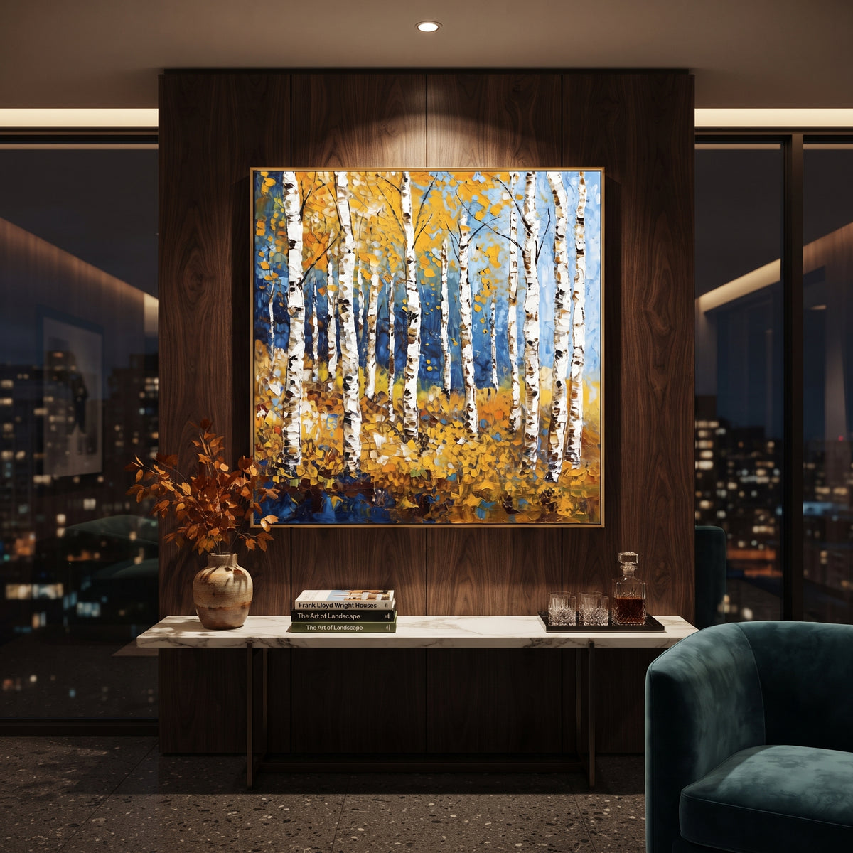 ARTWORK DETAILS Yellow Birch Blue Ground Painting is built from the actual artwork image: bright birch trunks over a deep blue ground and gold leaves. The composition uses raised texture to separate tree trunks, leaf masses, ground movement, and soft background atmosphere, so the surface reads with real hand-painted depth from different viewing angles. The color direction is yellow, blue, white, chosen to keep the autumn mood warm while still leaving enough pale air and cool contrast for modern