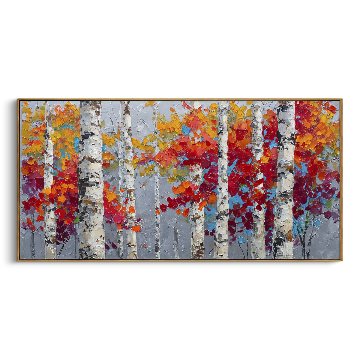 ARTWORK DETAILS Red Leaf White Birch Painting is built from the actual artwork image: large white birch trunks with red leaves against a gray field. The composition uses raised texture to separate tree trunks, leaf masses, ground movement, and soft background atmosphere, so the surface reads with real hand-painted depth from different viewing angles. The color direction is red, white, gray, chosen to keep the autumn mood warm while still leaving enough pale air and cool contrast for modern