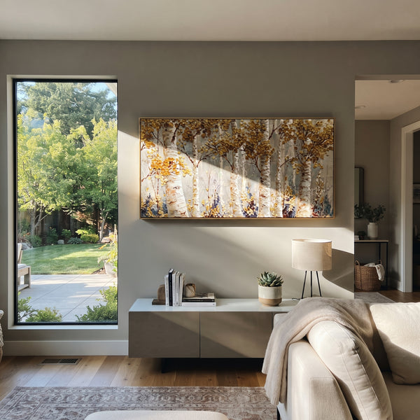 "Champagne Birch Forest" - Modern Heavy Impasto Botanical Tree Artwork | Beige & White Palette Knife Painting | Luxury Horizontal Wall Art #PT 2212