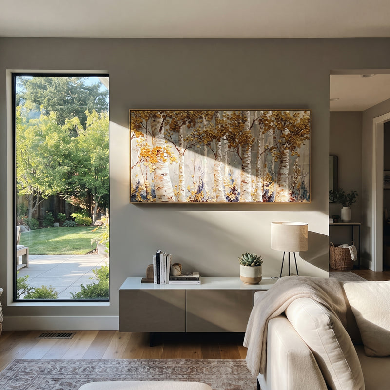 "Champagne Birch Forest" - Modern Heavy Impasto Botanical Tree Artwork | Beige & White Palette Knife Painting | Luxury Horizontal Wall Art #PT 2212