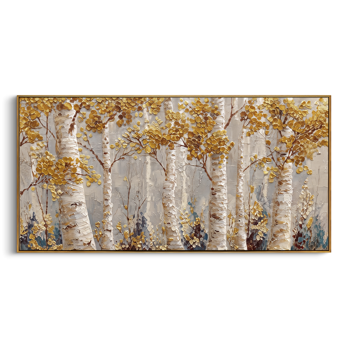 ARTWORK DETAILS Champagne Birch Forest Painting is built from the actual artwork image: pale champagne leaves and white trunks in a quiet forest. The composition uses raised texture to separate tree trunks, leaf masses, ground movement, and soft background atmosphere, so the surface reads with real hand-painted depth from different viewing angles. The color direction is beige, white, yellow, chosen to keep the autumn mood warm while still leaving enough pale air and cool contrast for modern