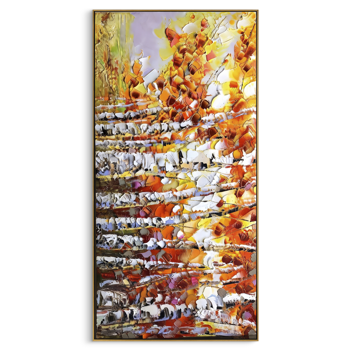 ARTWORK DETAILS Autumn Leaf Stair Texture Painting is built from the actual artwork image: vertical cascade of orange leaves and white bark textures. The composition uses raised texture to separate tree trunks, leaf masses, ground movement, and soft background atmosphere, so the surface reads with real hand-painted depth from different viewing angles. The color direction is orange, white, yellow, chosen to keep the autumn mood warm while still leaving enough pale air and cool contrast for modern