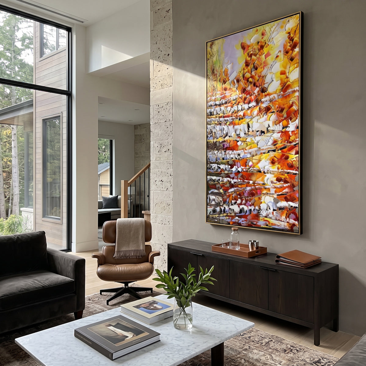 ARTWORK DETAILS Autumn Leaf Stair Texture Painting is built from the actual artwork image: vertical cascade of orange leaves and white bark textures. The composition uses raised texture to separate tree trunks, leaf masses, ground movement, and soft background atmosphere, so the surface reads with real hand-painted depth from different viewing angles. The color direction is orange, white, yellow, chosen to keep the autumn mood warm while still leaving enough pale air and cool contrast for modern