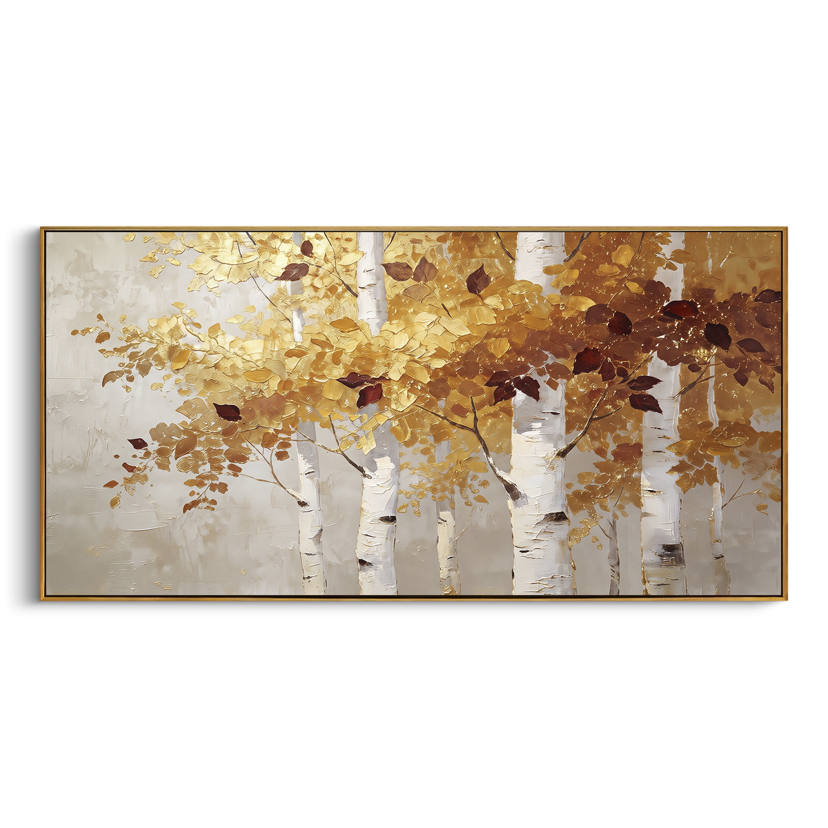 ARTWORK DETAILS Soft Gold Birch Veil Painting is built from the actual artwork image: minimal pale birch trunks behind a soft gold leaf veil. The composition uses raised texture to separate tree trunks, leaf masses, ground movement, and soft background atmosphere, so the surface reads with real hand-painted depth from different viewing angles. The color direction is beige, white, yellow, chosen to keep the autumn mood warm while still leaving enough pale air and cool contrast for modern