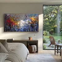 ARTWORK DETAILS Blue Red Autumn Thicket Painting is built from the actual artwork image: abstract blue thicket with red and yellow autumn foliage. The composition uses raised texture to separate tree trunks, leaf masses, ground movement, and soft background atmosphere, so the surface reads with real hand-painted depth from different viewing angles. The color direction is blue, red, yellow, chosen to keep the autumn mood warm while still leaving enough pale air and cool contrast for modern