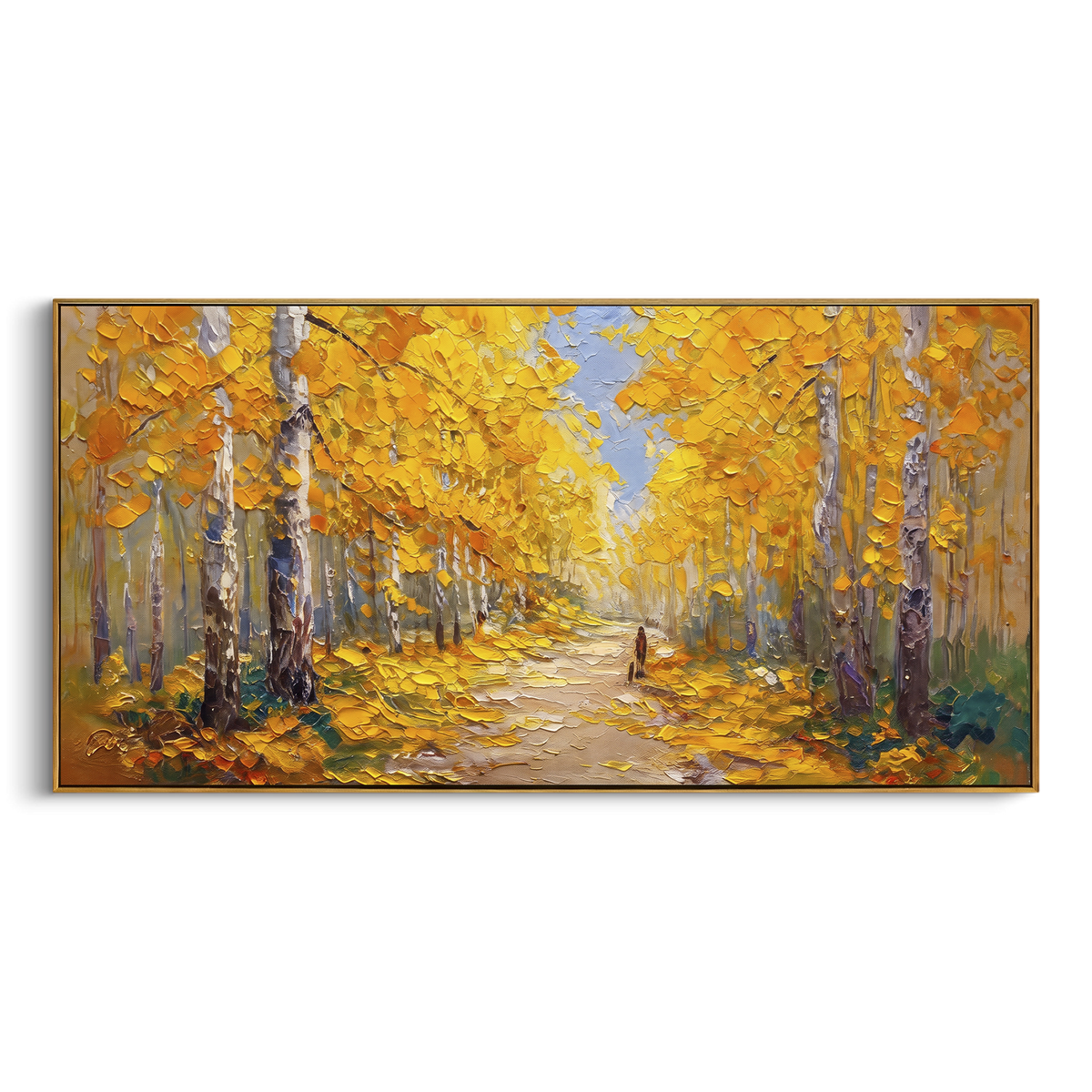 "Leafy Forest Avenue" - Modern Heavy Impasto Botanical Tree Artwork | Yellow & Orange Palette Knife Painting | Luxury Horizontal Wall Art #PT 2217