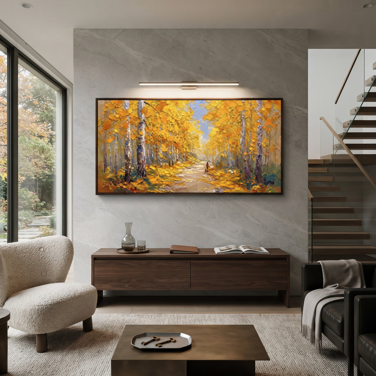 ARTWORK DETAILS Leafy Forest Avenue Painting is built from the actual artwork image: tree-lined autumn avenue with a bright leaf-covered path. The composition uses raised texture to separate tree trunks, leaf masses, ground movement, and soft background atmosphere, so the surface reads with real hand-painted depth from different viewing angles. The color direction is yellow, orange, green, chosen to keep the autumn mood warm while still leaving enough pale air and cool contrast for modern