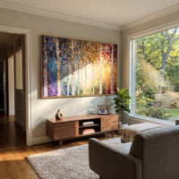 ARTWORK DETAILS Rainbow Birch Sun Painting is built from the actual artwork image: multi-color birch trunks around a warm sunlit opening. The composition uses raised texture to separate tree trunks, leaf masses, ground movement, and soft background atmosphere, so the surface reads with real hand-painted depth from different viewing angles. The color direction is yellow, blue, red, chosen to keep the autumn mood warm while still leaving enough pale air and cool contrast for modern interiors. Core