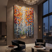 ARTWORK DETAILS Orange Leaf Birch Alcove Painting is built from the actual artwork image: close orange leaves and pale trunks around a shaded alcove. The composition uses raised texture to separate tree trunks, leaf masses, ground movement, and soft background atmosphere, so the surface reads with real hand-painted depth from different viewing angles. The color direction is orange, yellow, gray, chosen to keep the autumn mood warm while still leaving enough pale air and cool contrast for modern