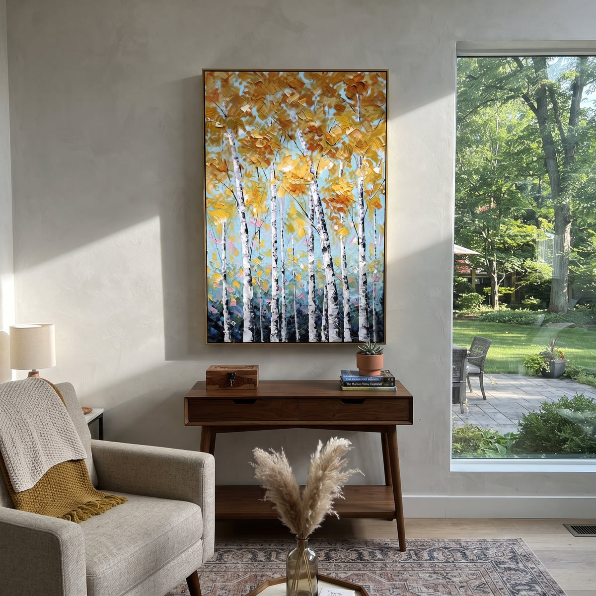 ARTWORK DETAILS Pale Gold Birch Cluster Painting is built from the actual artwork image: tall pale birches topped with soft golden leaves. The composition uses raised texture to separate tree trunks, leaf masses, ground movement, and soft background atmosphere, so the surface reads with real hand-painted depth from different viewing angles. The color direction is yellow, white, green, chosen to keep the autumn mood warm while still leaving enough pale air and cool contrast for modern interiors.