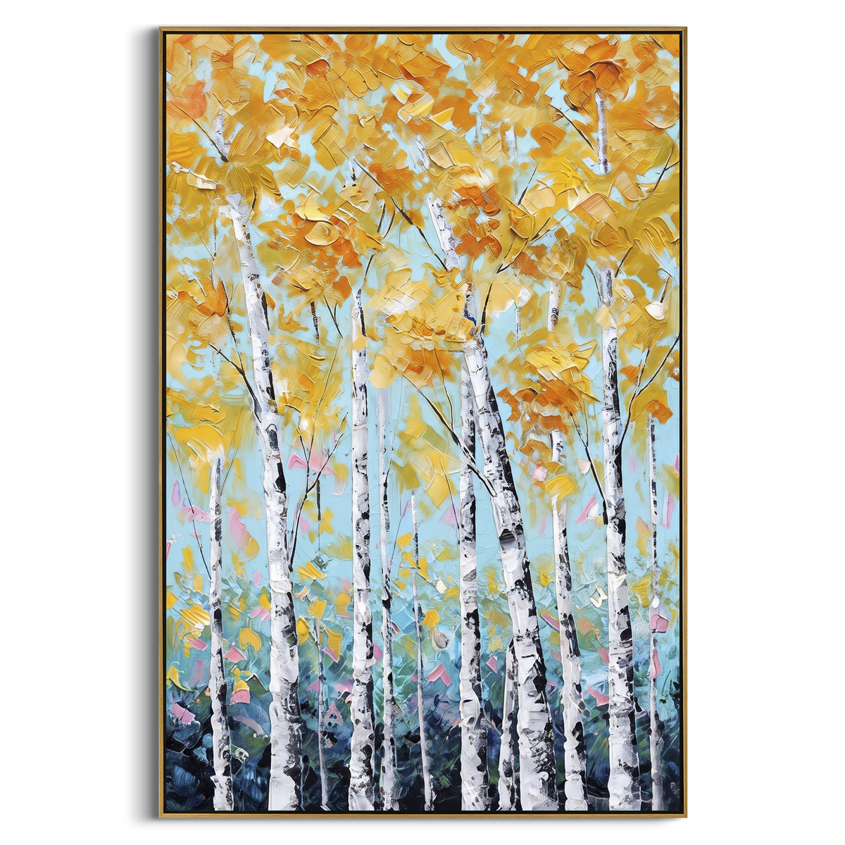 "Pale Gold Birch Cluster" - Modern Heavy Impasto Botanical Tree Artwork | Yellow & White Palette Knife Painting | Luxury Vertical Wall Art #PT 2221