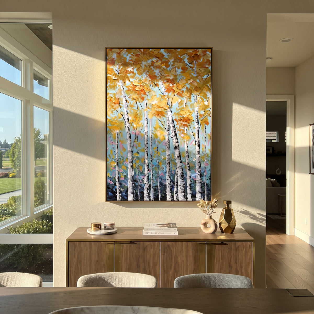 ARTWORK DETAILS Pale Gold Birch Cluster Painting is built from the actual artwork image: tall pale birches topped with soft golden leaves. The composition uses raised texture to separate tree trunks, leaf masses, ground movement, and soft background atmosphere, so the surface reads with real hand-painted depth from different viewing angles. The color direction is yellow, white, green, chosen to keep the autumn mood warm while still leaving enough pale air and cool contrast for modern interiors.