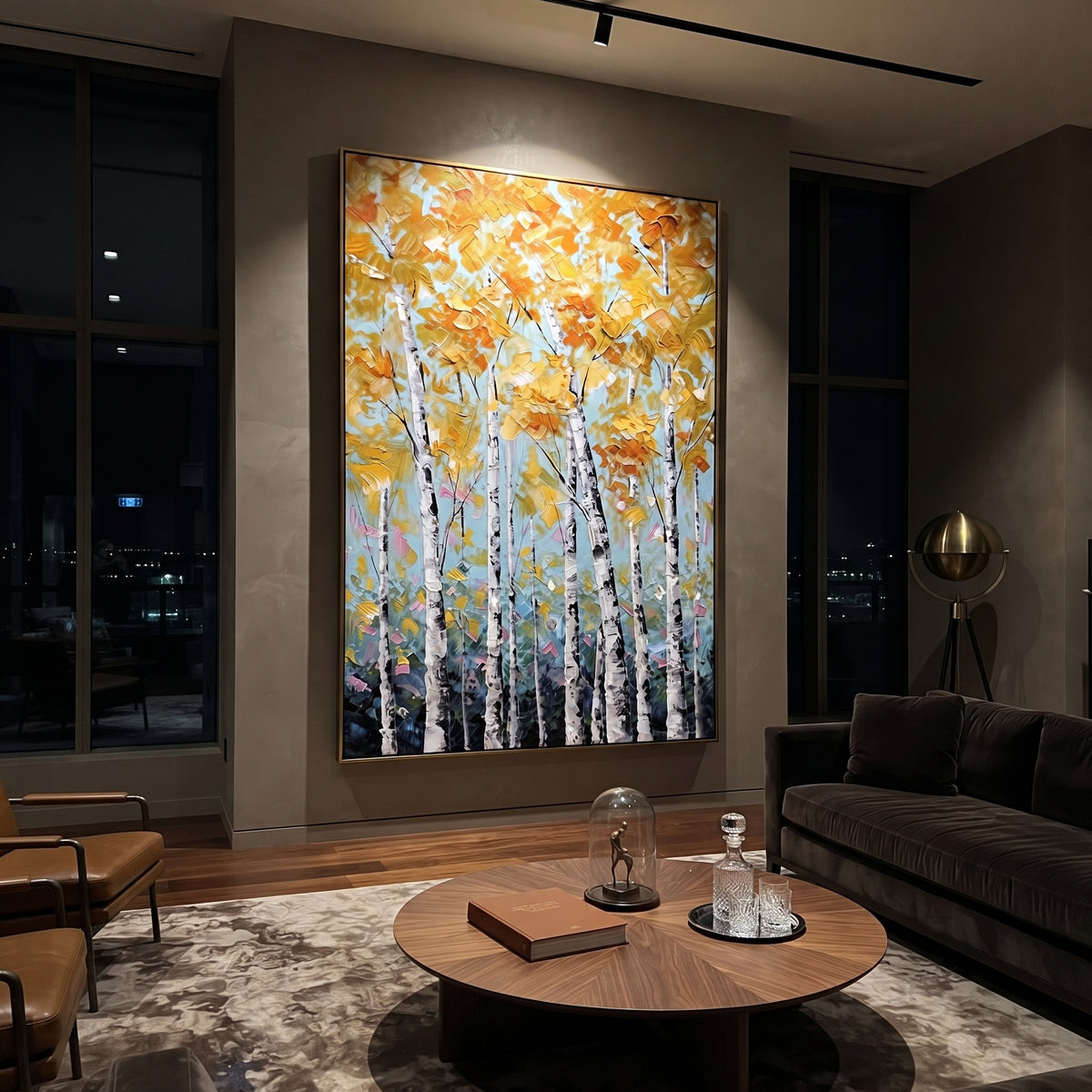 ARTWORK DETAILS Pale Gold Birch Cluster Painting is built from the actual artwork image: tall pale birches topped with soft golden leaves. The composition uses raised texture to separate tree trunks, leaf masses, ground movement, and soft background atmosphere, so the surface reads with real hand-painted depth from different viewing angles. The color direction is yellow, white, green, chosen to keep the autumn mood warm while still leaving enough pale air and cool contrast for modern interiors.