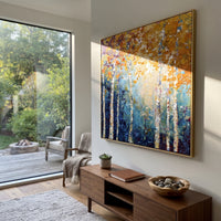 ARTWORK DETAILS Gallery Birch Golden Light Painting is built from the actual artwork image: golden birch light shown in a clean gallery-style view. The composition uses raised texture to separate tree trunks, leaf masses, ground movement, and soft background atmosphere, so the surface reads with real hand-painted depth from different viewing angles. The color direction is yellow, blue, white, chosen to keep the autumn mood warm while still leaving enough pale air and cool contrast for modern