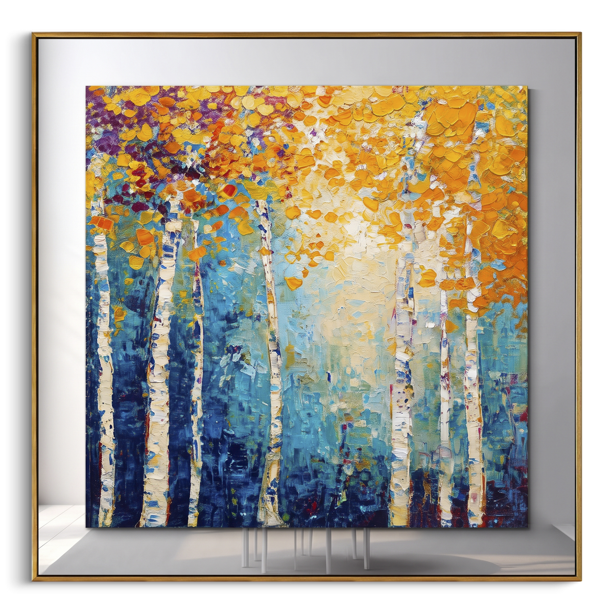 ARTWORK DETAILS Gallery Birch Golden Light Painting is built from the actual artwork image: golden birch light shown in a clean gallery-style view. The composition uses raised texture to separate tree trunks, leaf masses, ground movement, and soft background atmosphere, so the surface reads with real hand-painted depth from different viewing angles. The color direction is yellow, blue, white, chosen to keep the autumn mood warm while still leaving enough pale air and cool contrast for modern