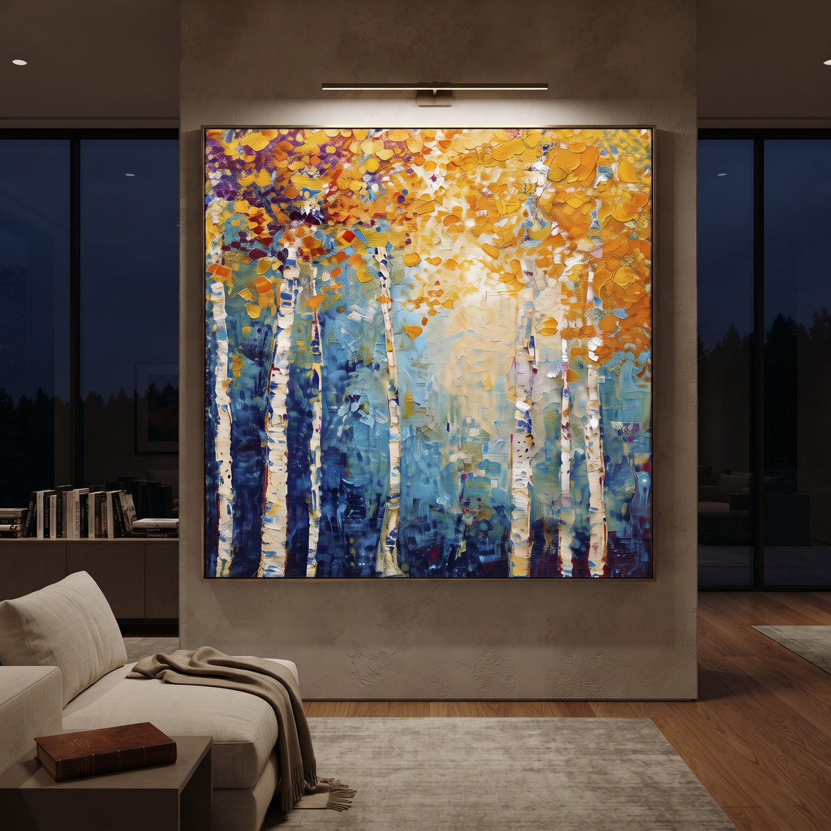 ARTWORK DETAILS Gallery Birch Golden Light Painting is built from the actual artwork image: golden birch light shown in a clean gallery-style view. The composition uses raised texture to separate tree trunks, leaf masses, ground movement, and soft background atmosphere, so the surface reads with real hand-painted depth from different viewing angles. The color direction is yellow, blue, white, chosen to keep the autumn mood warm while still leaving enough pale air and cool contrast for modern