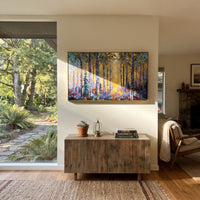 ARTWORK DETAILS Purple Twilight Birch Grove Painting is built from the actual artwork image: purple blue woodland with yellow trunks and a twilight glow. The composition uses raised texture to separate tree trunks, leaf masses, ground movement, and soft background atmosphere, so the surface reads with real hand-painted depth from different viewing angles. The color direction is blue, yellow, white, chosen to keep the autumn mood warm while still leaving enough pale air and cool contrast for