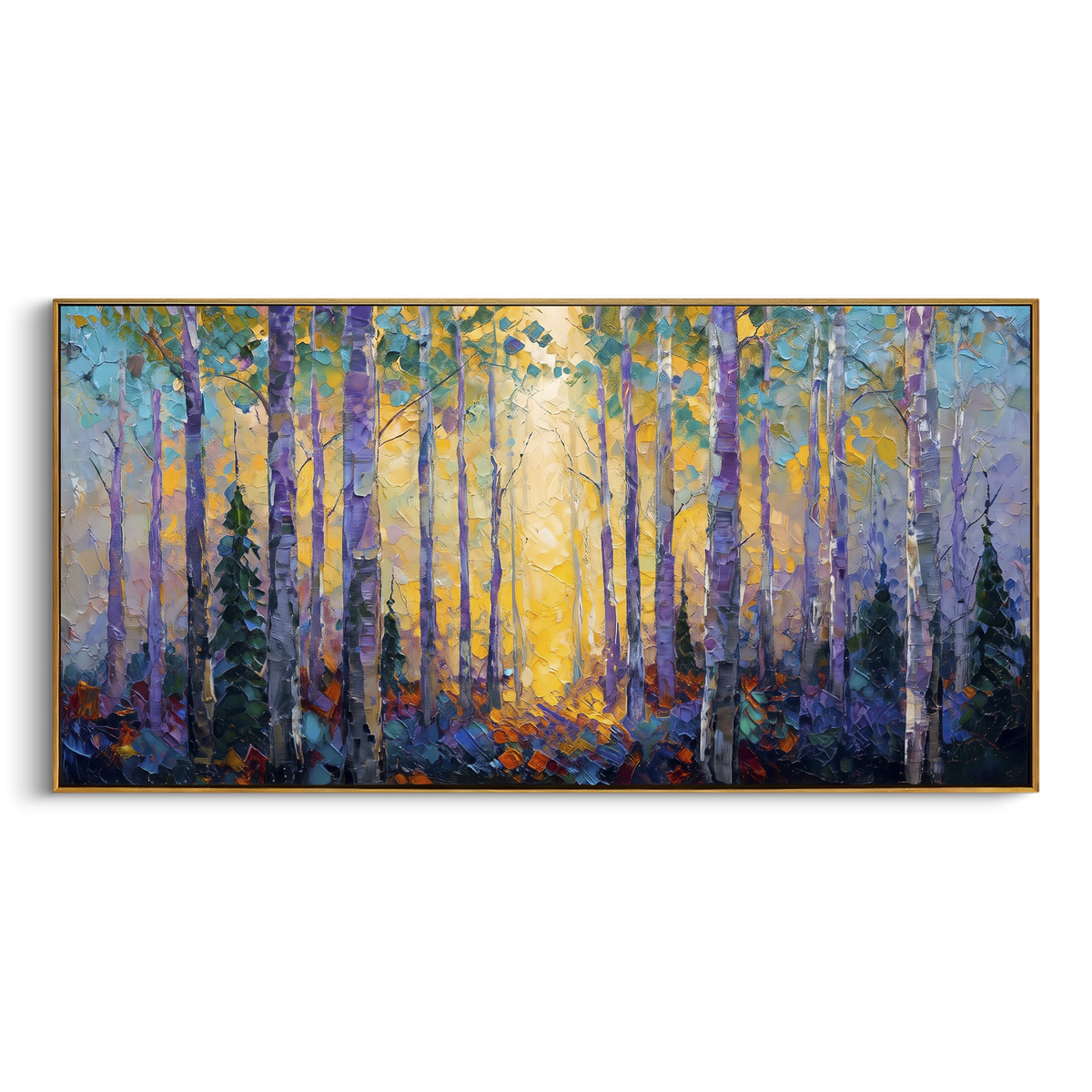 "Purple Twilight Birch Grove" - Modern Heavy Impasto Landscape Artwork | Blue & Yellow Palette Knife Painting | Luxury Horizontal Wall Art #PT 2223