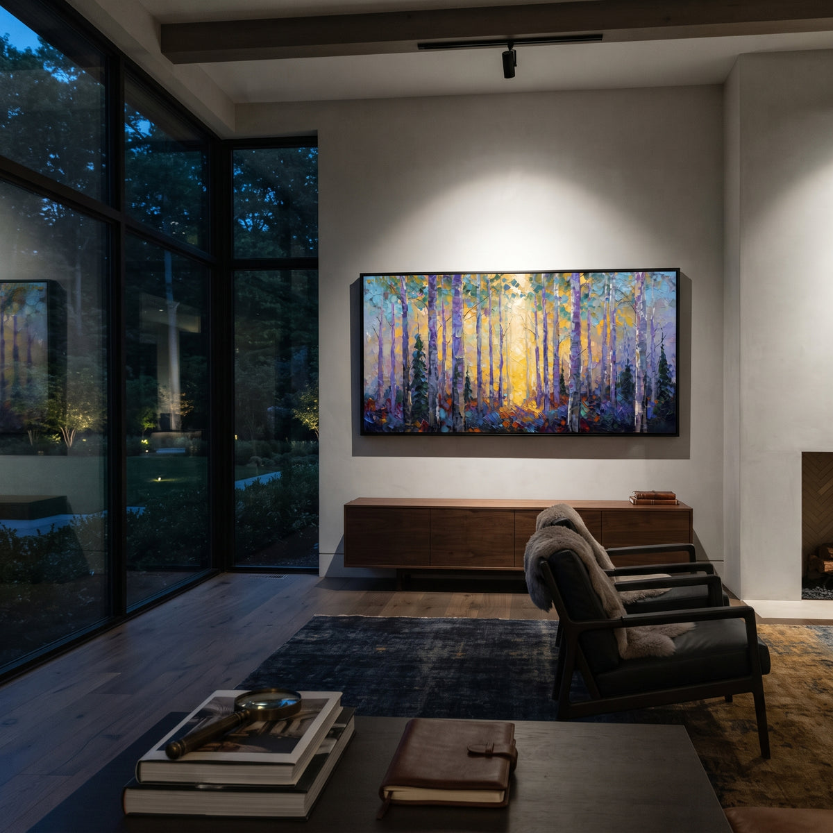 ARTWORK DETAILS Purple Twilight Birch Grove Painting is built from the actual artwork image: purple blue woodland with yellow trunks and a twilight glow. The composition uses raised texture to separate tree trunks, leaf masses, ground movement, and soft background atmosphere, so the surface reads with real hand-painted depth from different viewing angles. The color direction is blue, yellow, white, chosen to keep the autumn mood warm while still leaving enough pale air and cool contrast for