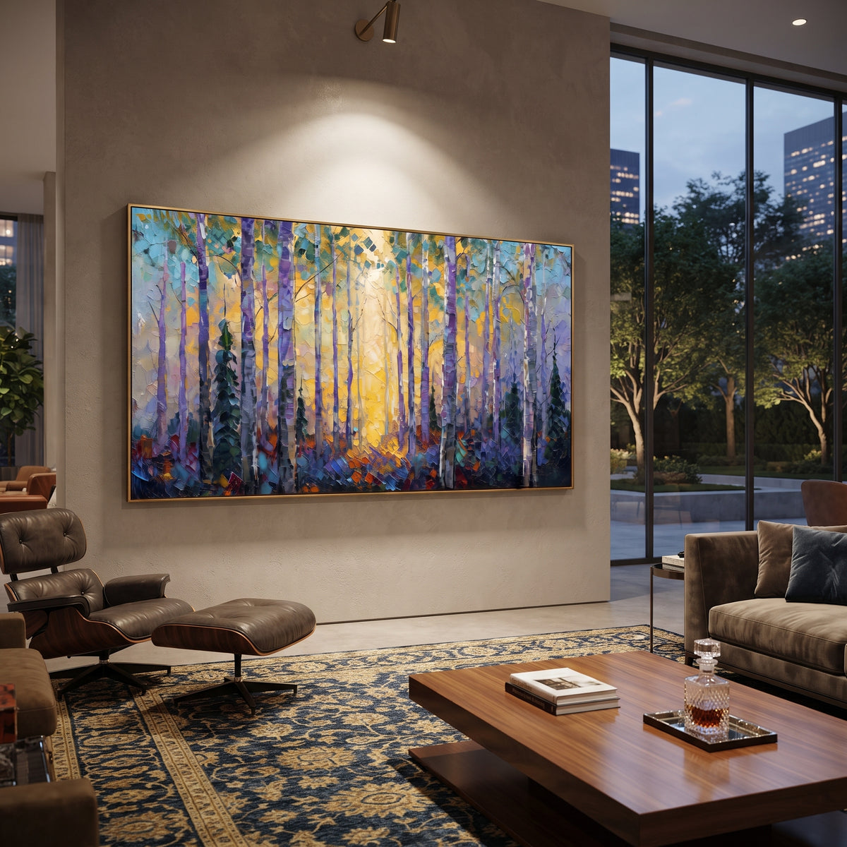 ARTWORK DETAILS Purple Twilight Birch Grove Painting is built from the actual artwork image: purple blue woodland with yellow trunks and a twilight glow. The composition uses raised texture to separate tree trunks, leaf masses, ground movement, and soft background atmosphere, so the surface reads with real hand-painted depth from different viewing angles. The color direction is blue, yellow, white, chosen to keep the autumn mood warm while still leaving enough pale air and cool contrast for